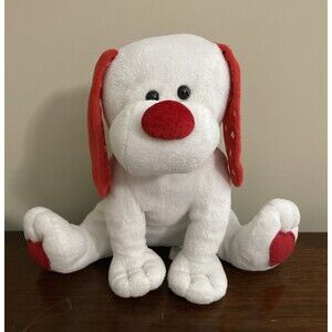 Dan Dee White Valentine Plush Puppy Dog Sitting Satin Ears Red Heart Feet